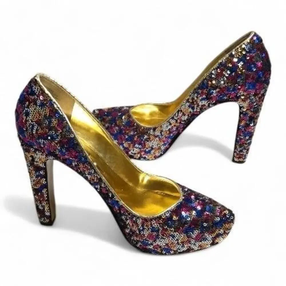 Nine West Cress Multi-Color Sequin Platform Pumps | Glam Party Heels | Size 6.5